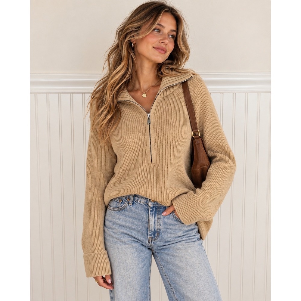 BTFBM Half-Zip Knit Sweater Camel Beige Ribbed Pullover
